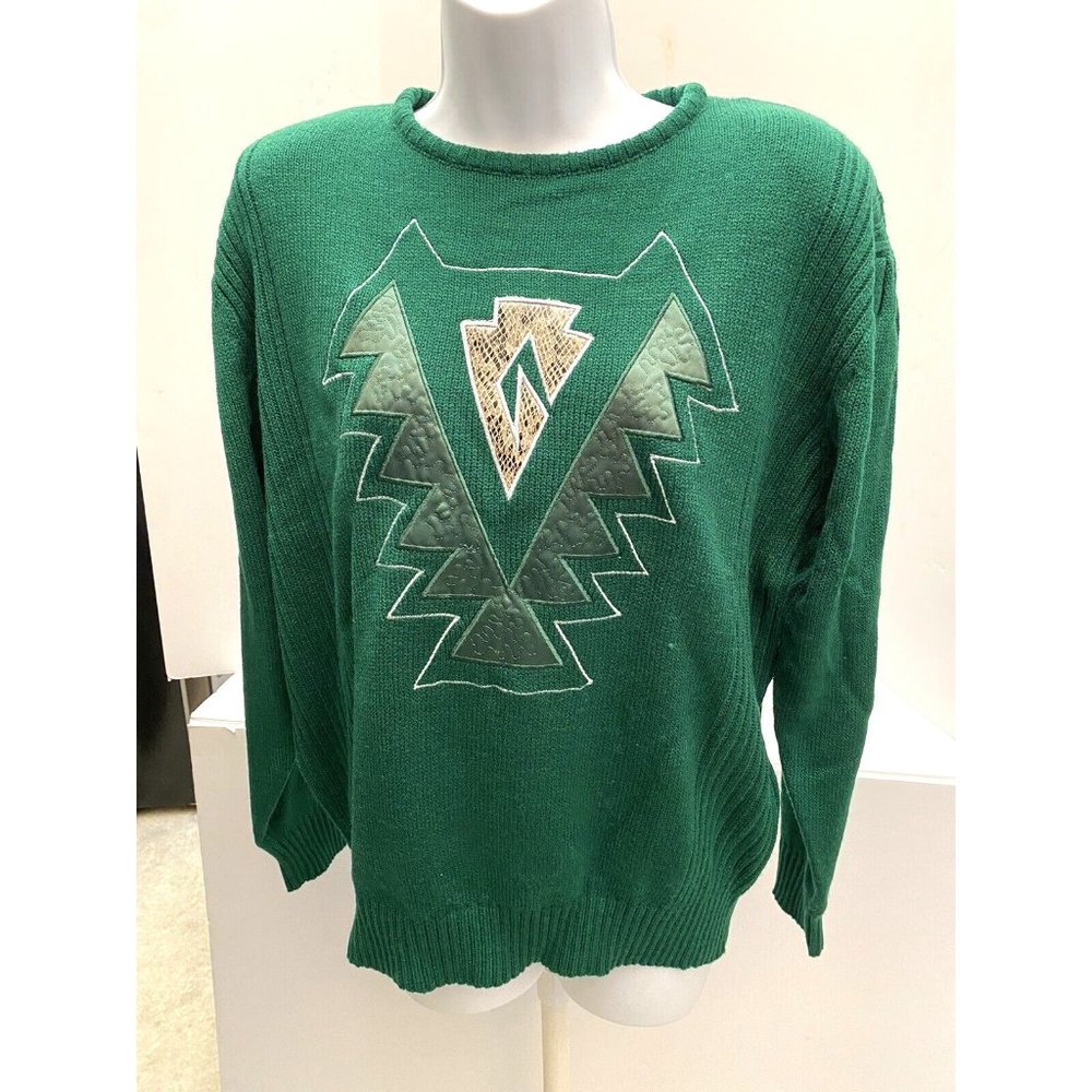 Vintage Cameo Rose Knit Sweater Geometric Aztec Southwestern Applique, Green, Lg